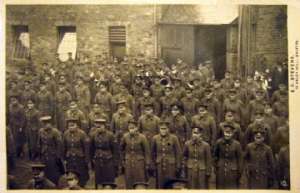 Here we are in the police square before we took off our over coats I have marked Arthur Leeper, Bob McKeith and myself. [ Undated. Leeper 5th row back, 3rd from left; Cunningham 3rdd row, 2nd from right, McKeith 2nd row, 5th from right]